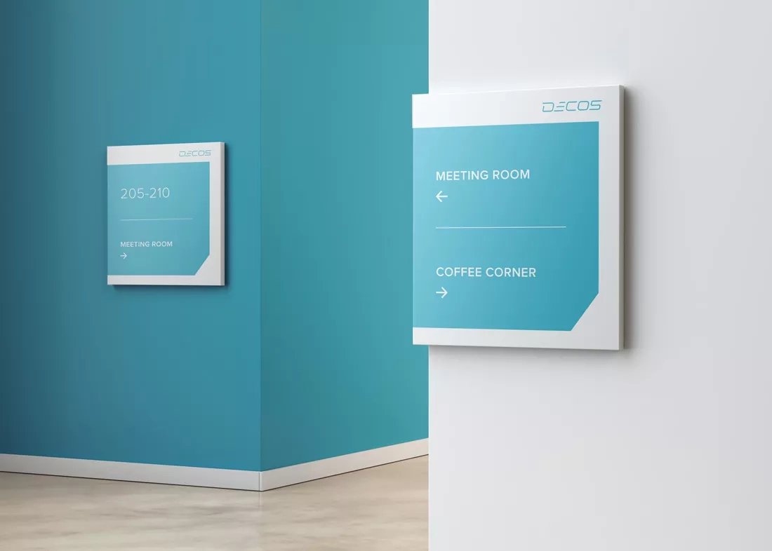 Decos turquoise signage for their office