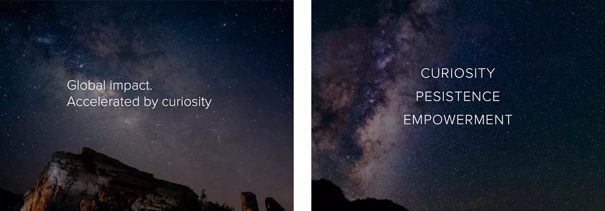 two screenshots of true north presentation with inspiring phrases with a starry background