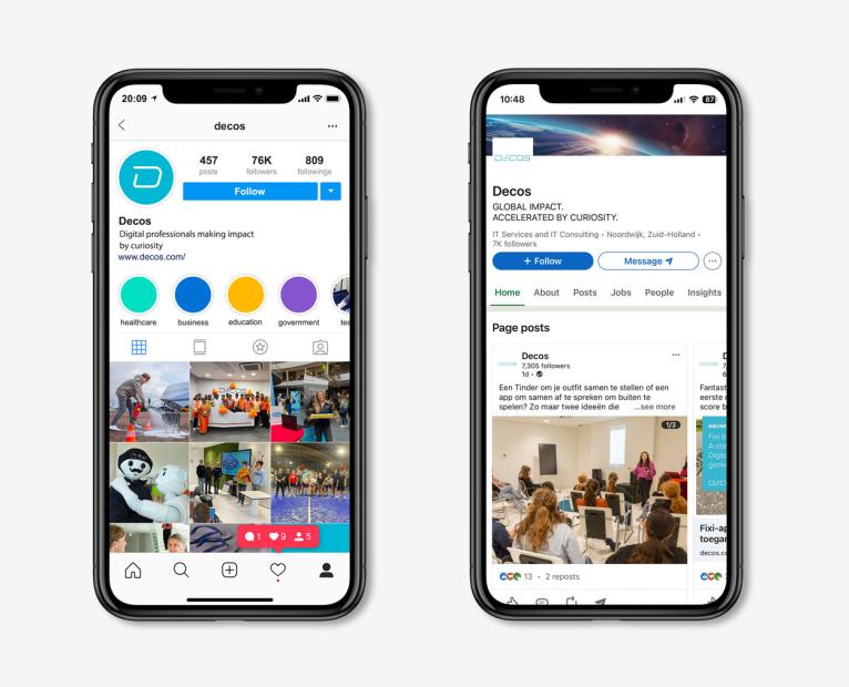 two phones with linkedin and instagram of Decos